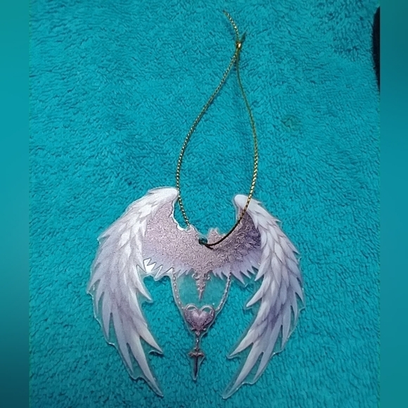 Purple angel wings cross heart wall hanger rear view mirror pendant - Picture 3 of 3